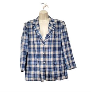 L.L. Bean Vintage 100% Linen Blue Tan Plaid Blazer Women's 10 Petite